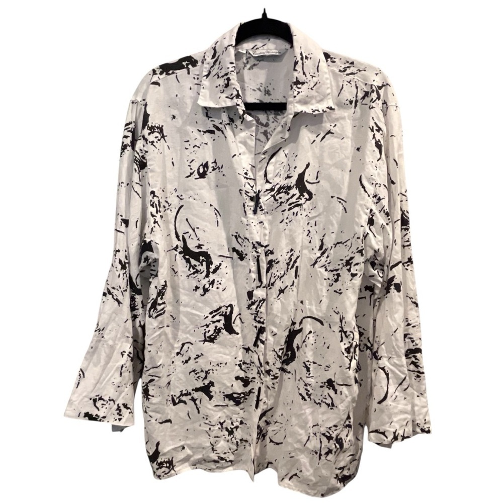 Courtney Washington Linen White Black Lagenlook Abstract Print Oversized M